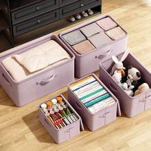 1个带盖可折叠布艺收纳盒,大容量可上锁衣物分类收纳盒,多功能衣物被褥收纳盒,紫色衣柜收纳盒,可水洗,防潮防尘,两侧带提手,双向拉链,适用于衣柜整理和房间收纳 - 灰紫色 - 查看 7