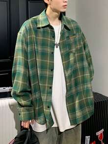 Mens Shirts,Men's Retro Color-Blocked Plaid Long-Sleeved Shirt, Versatile Loose-Fitting Shirt Jacket For Spring And Autumn - màu xanh lá - Xem 4