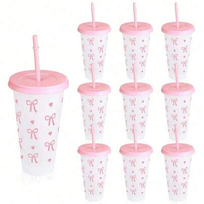 1pc Reusable Cute Pink Bow Plastic Cup With Lid And Straw, Transparent, Suitable For Iced Coffee, Water, Juice, Soda, Great For Beach, Wedding, Birthday, Holiday, Christmas, Halloween, Party, Office, Pool, Events, Dates, Outdoor Activities, Sports Bottle, Outdoor And Daily Use Water Bottle (Note: The Product May Have Some Scratches During Transportation, But It Does Not Affect The Use)