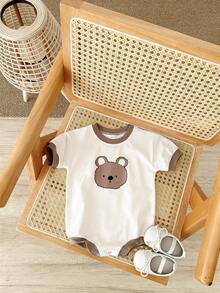Newborn Baby Girls Cute Bear Print Short Sleeve Romper, Spring/Summer - Apricot - View 3