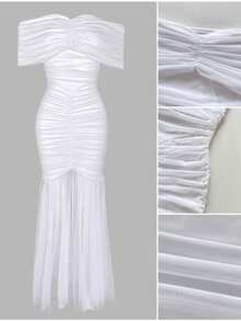 ChicMe Women's Off-Shoulder Ruched Maxi Dress, Sleeveless Fitted Mermaid Cocktail Party Gown - White - View 8
