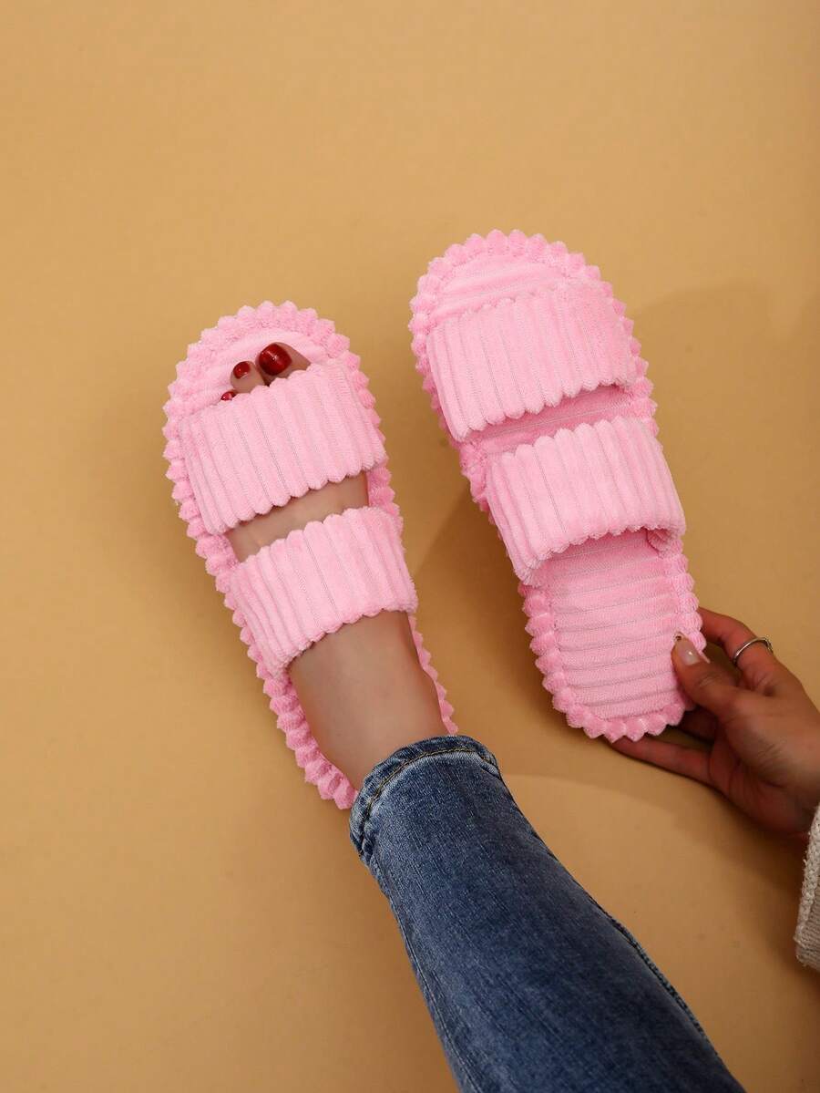 女士条纹优雅布艺拖鞋，时尚家居服，四季皆宜 - 粉色 - 查看 1