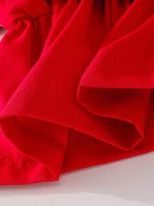 2pcs Baby Girl Outfit: Bow Tie Waist Button Back Camisole Top And Contrast Color Ruffle Trim Denim Shorts Set - Red - View 9