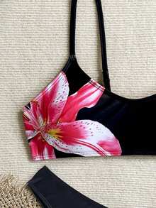 印花露背波西米亚风沙滩比基尼套装 - 黑色 - 查看 4