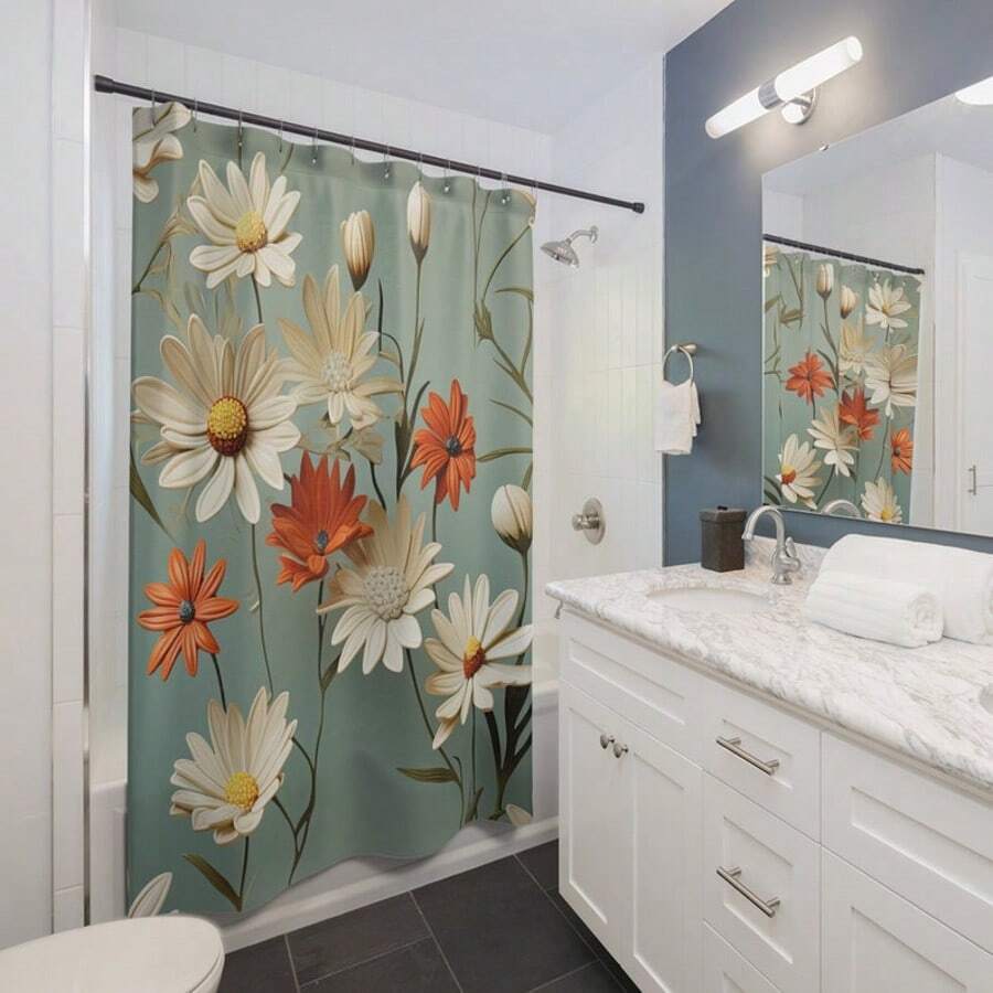 花卉插画浴帘，花朵浴帘，极简艺术浴帘，现代浴室装饰 - 彩色 - 查看 1