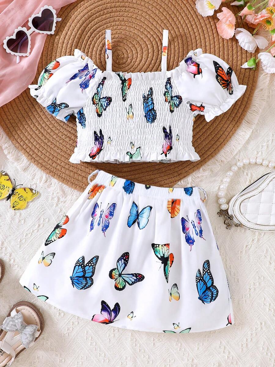 Young Girls' Colorful Butterfly Print Petal Sleeve Crop Top And Pleated Skirt 2-Piece Casual Outfit, Spring/Summer - White - View 1