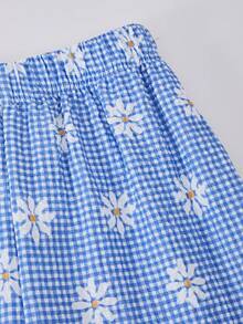 Summer Girls' Sweet & Fresh 2pcs Set, Blue & White Plaid Puff Sleeve Top With Floral Print & Bow Decor, Paired With Matching Loose Casual Pants, Stylish Outfit - Blue - View 5