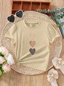 Women's Valentine's Day Ombre Heart Print Short Sleeve Round Neck T-Shirt, Gentle Minimalist Casual Style, Comfortable & Versatile, Fashionable Spring/Summer Wear, Suitable For Dates, Shopping And Everyday - Khaki - View 9