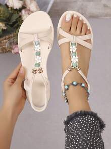1 Pair Unisex Slip-On Sandals With Beaded Elastic Band, Bohemian Style PU Non-Slip Casual Shoes For Indoor, Outdoor, Beach, Travel, Campus, Suitable As Gift, 2026 New Arrival - Apricot - View 11