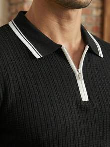 男士休闲百搭撞色滚边短袖针织上衣 - 黑色 - 查看 4
