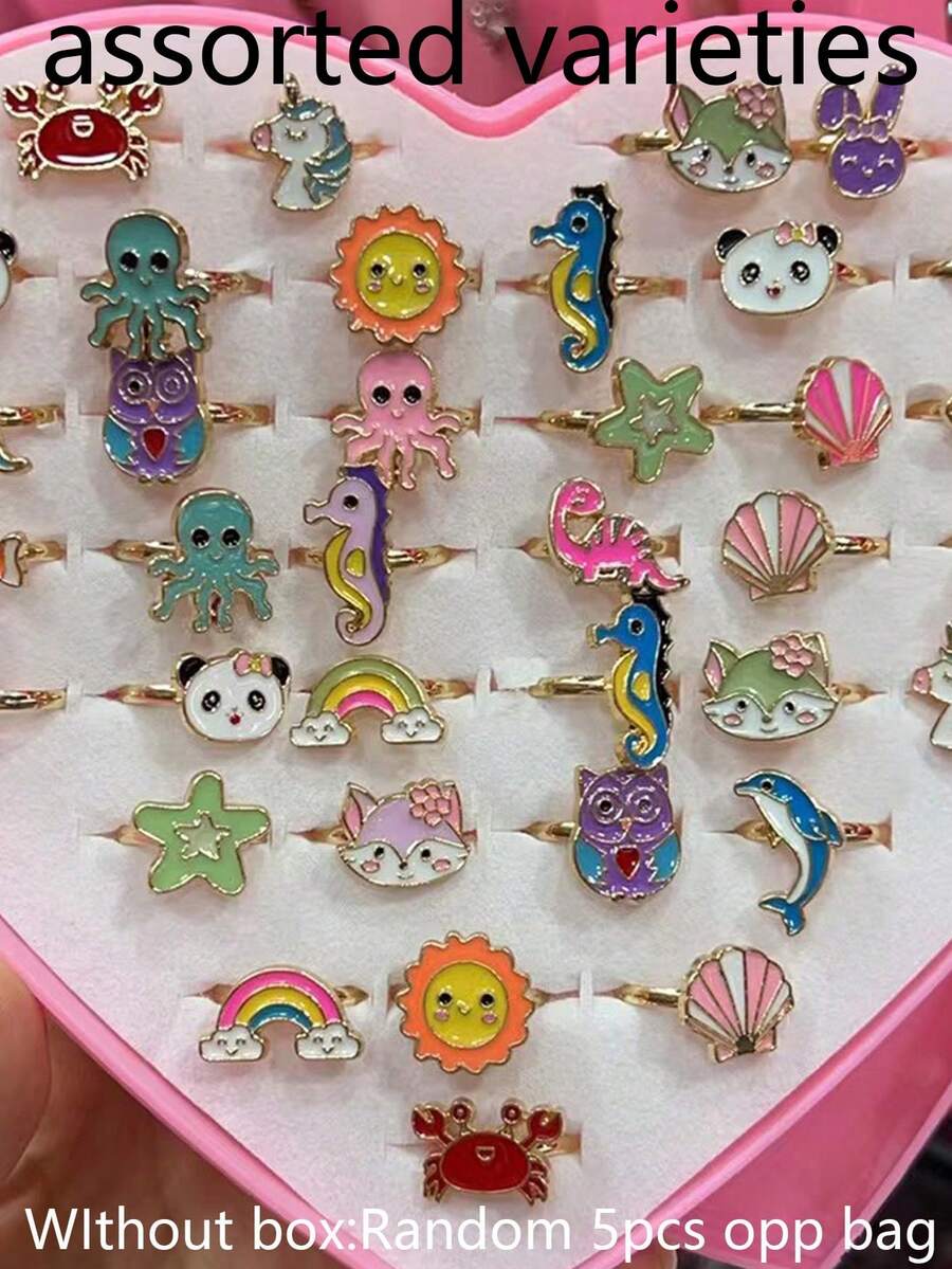 5件套时尚银色/金色合金戒指，儿童首饰礼物，可调节戒指，随机发货（无包装盒） - 彩色 - 查看 1