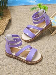 2026春夏新款女童珍珠亮片凉鞋，双踝带罗马平底凉鞋，适合派对、度假等场合。 - 淡紫色 - 查看 4