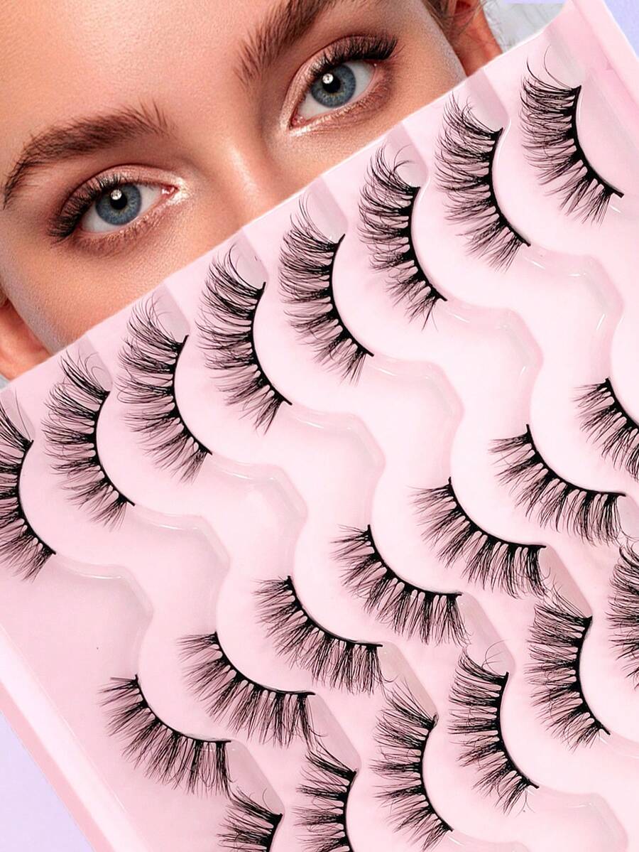 ENCHUW 16对半眼假睫毛，自然蓬松，猫眼睫毛，眼尾加长，适合日常佩戴 - 黑色 - 查看 1