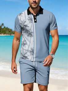 Bộ áo polo và quần short nam in hình cây dừa, phong cách đi biển. - Nhiều màu - Xem 4