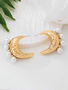 Hoa tai thời trang hình chữ C, kiểu dáng phóng đại, đính trăng khuyết và ngọc trai giả, dành cho nữ (Không kèm hộp quà) - Nhiều màu - Xem 2