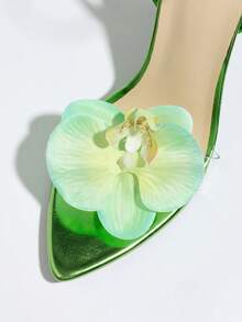 女士优雅兰花装饰交叉绑带金属质感闪亮亮绿色露趾高跟凉鞋，时尚尖头细高跟鞋，适合派对、婚礼、舞台表演，也适合情人节、母亲节、妇女节、新年、夏季穿搭。 - 綠色 - 查看 7