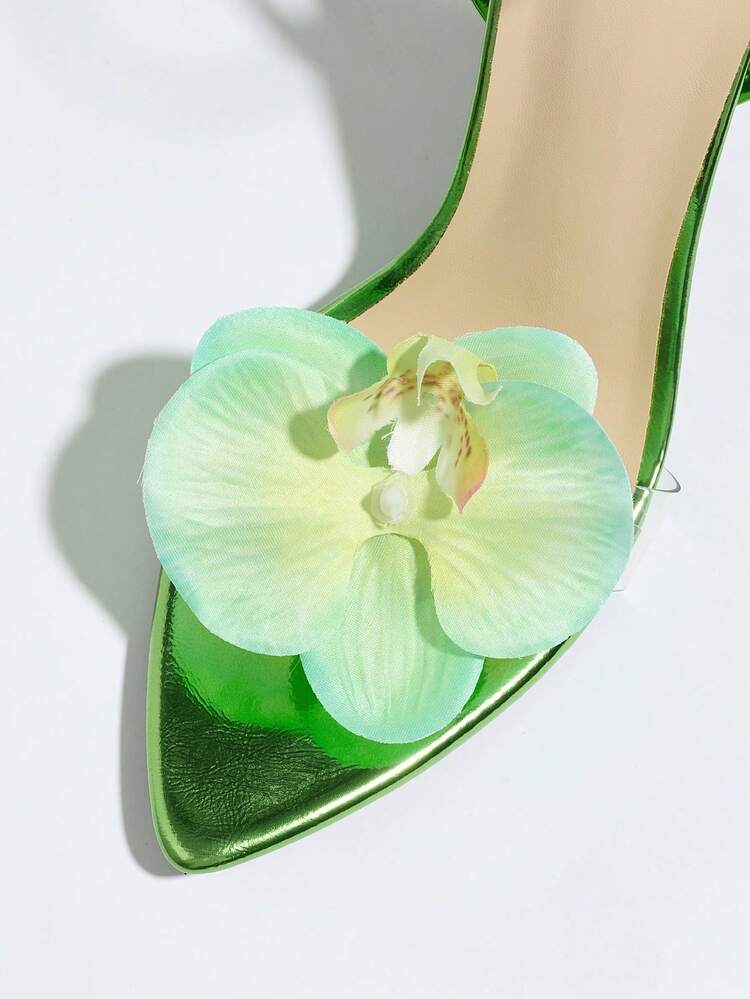 女士优雅兰花装饰交叉绑带金属质感闪亮亮绿色露趾高跟凉鞋，时尚尖头细高跟鞋，适合派对、婚礼、舞台表演，也适合情人节、母亲节、妇女节、新年、夏季穿搭。 - 綠色 - 查看 7