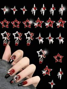 30 chiếc phụ kiện trang trí móng hình ngôi sao đỏ, đá trang trí móng 3D lấp lánh, phụ kiện móng hình sao, phong cách Y2K, thích hợp cho móng acrylic và các dụng cụ làm móng khác. - Đỏ - Xem 1