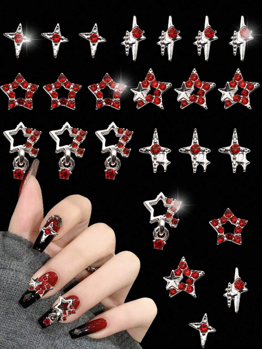 30 chiếc phụ kiện trang trí móng hình ngôi sao đỏ, đá trang trí móng 3D lấp lánh, phụ kiện móng hình sao, phong cách Y2K, thích hợp cho móng acrylic và các dụng cụ làm móng khác. - Đỏ - Xem 1