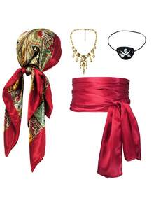 1/3pcs Christmas New Satin Satin Fabric Holiday Funny Cosplay Medieval Renaissance Pirate Headband And Belt Accessories With Pirate Mask, Suitable For Valentine's Day Masquerade Party, Magic Costume Props, New Party Outfit - Multicolor - View 10