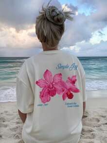 This Colorful Letter & Floral Print Round Neck T-Shirt For Women Is Fashionable And Versatile. Graphic Tee, White Top, Pink Top, Suitable For Vacation Wear. - White - View 6