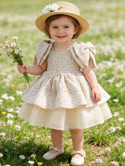 Baby GirlCute & Elegant Shoulder Bow Floral Pattern Mesh Overlay Dress, Suitable For Wedding, Birthday Party, Banquet, Celebration, Holiday