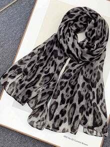 1条女士波西米亚风豹纹头巾，柔软透气，街头风围巾，适合搭配穆斯林头巾，日常佩戴 - 黑灰 - 查看 5