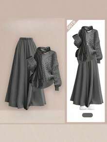 Women Two-Piece Outfits - 灰色毛衣 + 灰色寬褲 - 查看 1