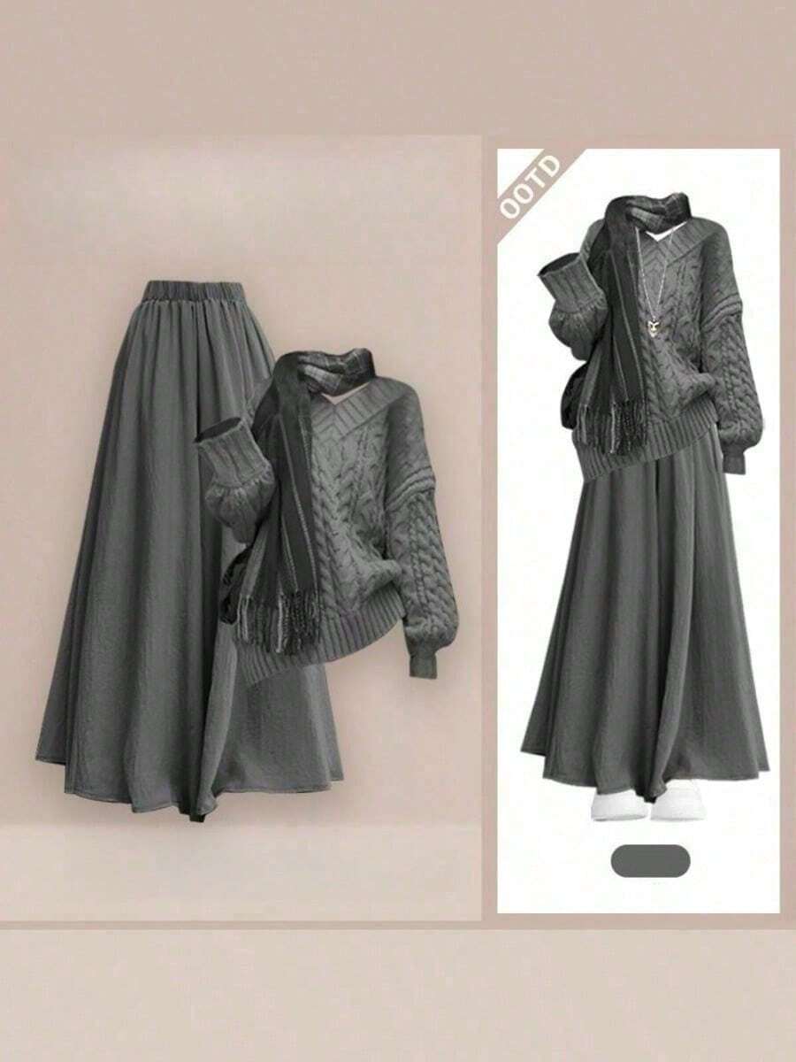Women Two-Piece Outfits - 灰色毛衣 + 灰色寬褲 - 查看 1
