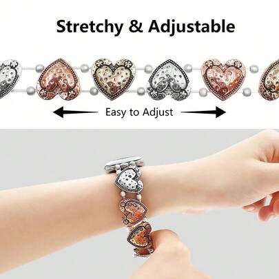 1条情人节表带，复古心形金属手链表带，兼容苹果手表表带38mm 40mm 41mm 44mm 45mm 49mm（S10 42mm）（S10 46mm），女士简约心形雕刻图案弹力链表带，兼容 Series 11 Ultra 3 SE3 Ultra 2 S10 SE2 9 8 7 SE 6 5 4 3 2 1，感恩节、情人节礼物。