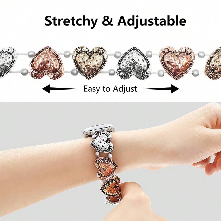 1条情人节表带，复古心形金属手链表带，兼容苹果手表表带38mm 40mm 41mm 44mm 45mm 49mm（S10 42mm）（S10 46mm），女士简约心形雕刻图案弹力链表带，兼容 Series 11 Ultra 3 SE3 Ultra 2 S10 SE2 9 8 7 SE 6 5 4 3 2 1，感恩节、情人节礼物。 - 彩色 - 查看 1