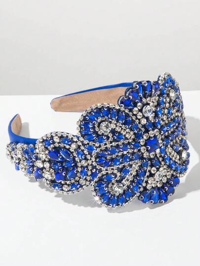 1pc European Style Solid Color Fabric Wide-Brimmed Retro Fashion Baroque Headband, Luxury Rhinestone Decor, Elegant Quality Headpiece For Ball, Party, Blue