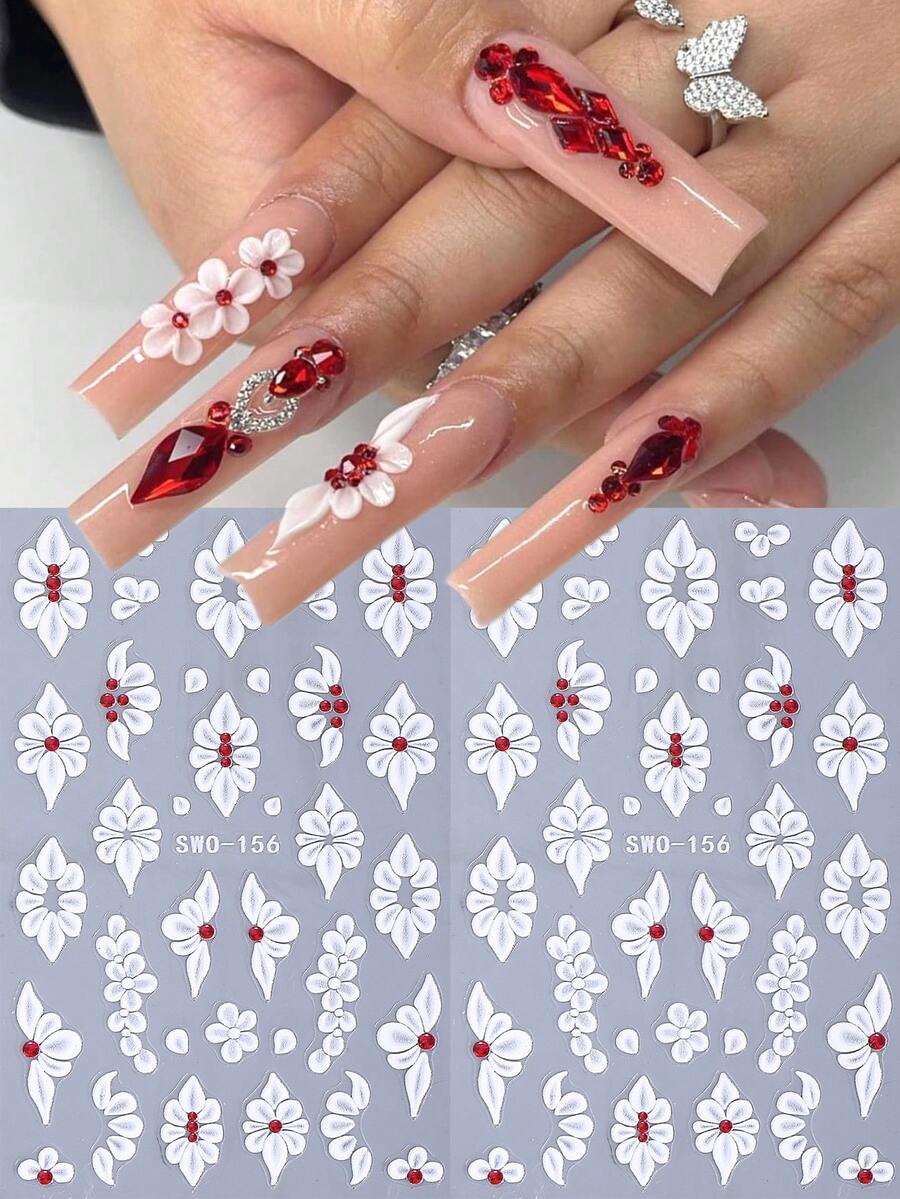 2 piezas Pegatinas de uñas 5D con elegantes pétalos blancos, diseño de joyería con flores rojas y cristales, decoración de uñas autoadhesiva para regalo de mujeres y niñas, suministros para manicura de salón - Multicolor - Ver 1