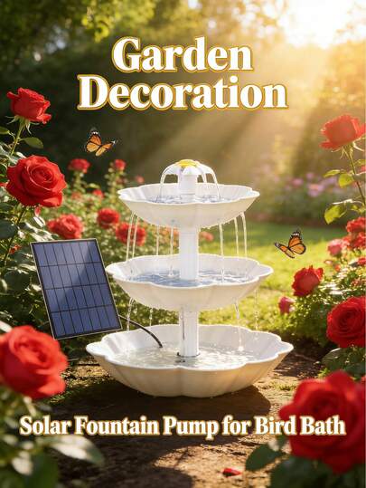 DIY装饰喷泉和鸟浴盆套装，包含3.5W太阳能喷泉泵、3.5W三层太阳能喷泉（带可拆卸瀑布和自动浇水功能）以及太阳能鸟浴喂食器，适用于户外花园、露台、庭院装饰。