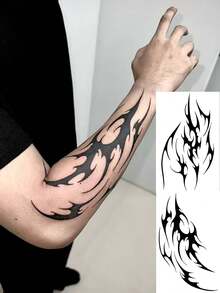 1张可水洗火焰纹身贴纸，手臂深色酷炫纹身设计，防水防汗耐用，适合时尚人士，符合ins风格 - 黑色 - 查看 1