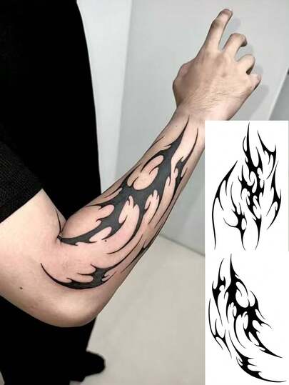 1张可水洗火焰纹身贴纸，手臂深色酷炫纹身设计，防水防汗耐用，适合时尚人士，符合ins风格