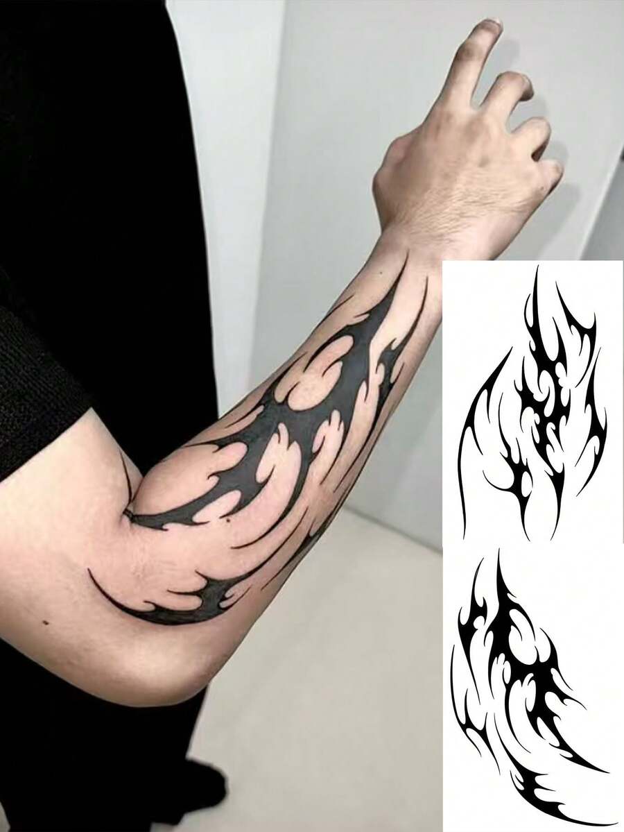 1张可水洗火焰纹身贴纸，手臂深色酷炫纹身设计，防水防汗耐用，适合时尚人士，符合ins风格 - 黑色 - 查看 1