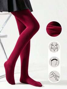 1 Pair Women's Wine Red Fleece Tights, Elastic Fitted Thin Fleecy Leggings For Autumn And Spring - 1 - 查看 6