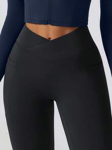 NcmRyu 1pc Women's Elastic Waist Crossover Pocket Skinny Workout Leggings - Black - View 4