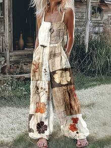 Women's Retro Flat Print Jumpsuit: Spaghetti Strap Wide-Leg Romper With Patchwork Floral & Leaf Pattern, Side Pockets For Garden Getaways, Summer Vacations & Boho Style. - 混合色 - 查看 3