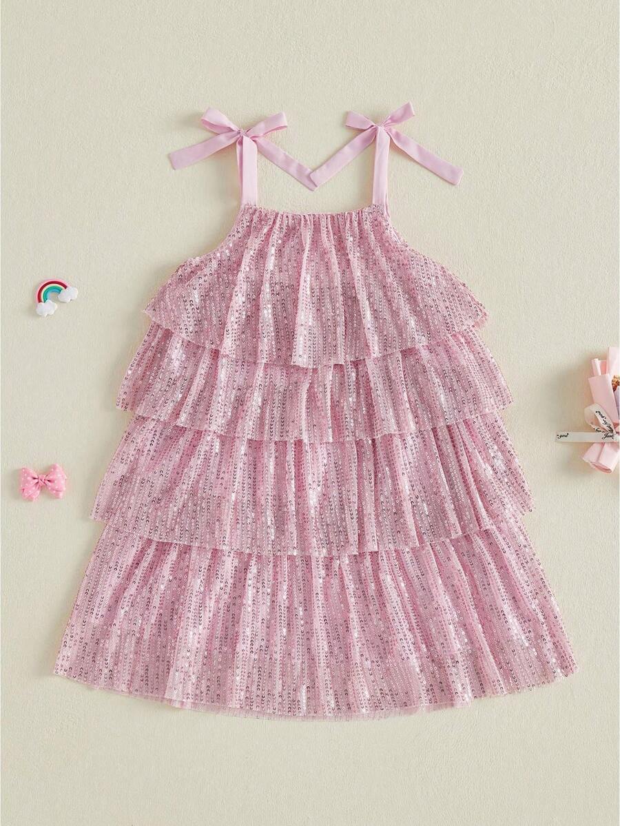 Vestido de verano sin mangas para niñas, con lentejuelas y tirantes finos, informal, para niñas pequeñas - Rosa - Ver 1