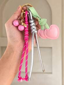 1pc Pink Girl Fruit Cherry Design Handmade Woven Bag Charm, Keychain, Backpack Pendant, Valentine's Day Gift - Multicolor - View 4