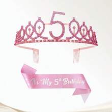 2pcs Pink Crown Headpiece Set, Includes Cute Sweet Birthday Crown, Party Headband, Shoulder Strap Decor With Rhinestones