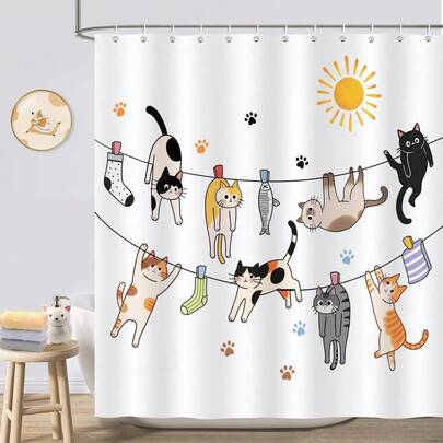 可爱猫咪浴帘，俏皮小猫爪印晾衣绳图案，适合爱猫人士，防水涤纶面料，带挂钩，浴室装饰，浴室配件