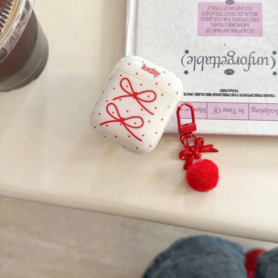 1 Set 2026 New Year Cartoon Polka Dot Bow Earphone Case Compatible With Apple 1/2, Pro 2, New 4 With Cartoon Pom Pom Pendant - Multicolor - View 1