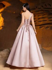 Alisa&Leo Satin Formal Dress For Teenage Girls - One Shoulder Design, Front Pleats, Waist Bow And Back Tie - Flowing Long Skirt - Suitable For Prom, Birthday Party, Wedding And Formal Events - Champagne - View 7