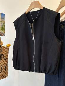 Giacca estiva casual in stile coreano da donna Vera Lane, bianca, in tessuto ad alta elasticità e traspirante, senza maniche, adatta per spiaggia, vacanza, festa, palestra, attività all'aperto, elegante e sportiva - nero - Visualizzare 1