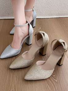 Elegant Party Pointed Toe Mary Jane Women's Gold Champagne And Silver High Heel Pumps, Sexy Modern Ankle Strap Chunky Heels - Champagne - View 4