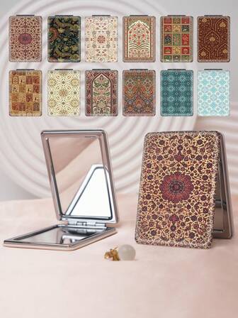 1 pieza Espejo de tocador vintage bohemio con estampado floral, espejo de mano plegable, ligero y compacto, portátil, de cuero de PU duradero, adecuado para todas las ocasiones, espejo de bolsillo plegable con diseño único de estampado floral geométrico colorido, tapa que gira 180°, multifuncional