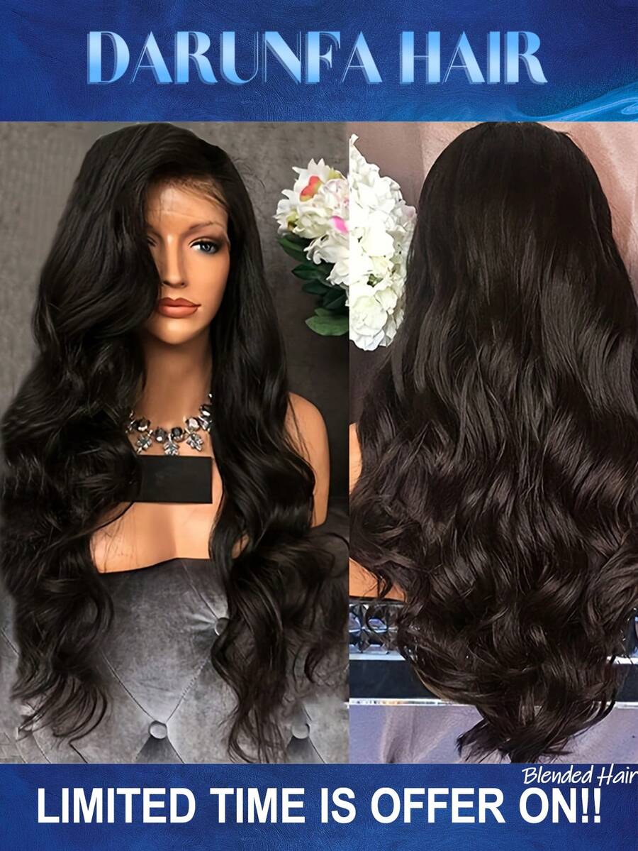34 Inch Body Wave Lace Front Wigs Blended Human Hair 200 Density 13x4 HD Transparent Body Wave Blended Human Hair Wigs Glueless Wigs Pre Plucked Curly Human Hair Wig For Women - Natural & Black - View 1